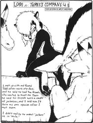 absurd_res anthro anus black_and_white breasts canine comic dialogue donkey equine female finger_fuck fingering fox group group_sex hi_res hindpaw james_m_hardiman lori_(jmh) male mammal monochrome nude paws pussy raised_tail sex sideboob skunk straight text threesome todd_(jmh) traditional_media_(artwork) vaginal_penetration