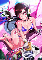 1girls armband barefoot bikini brown_eyes brown_hair choker cleavage d.va feet female female_only gloves headphones long_hair meka overwatch shadman sitting soap soles solo sponge tanline toes washing