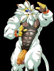 1boy abs anthro balls belly big_balls big_penis big_testicles black_background blue_eyes erection feline furry genital_piercing humanoid_penis lion looking_at_viewer male male_only markwulfgar muscular navel nintendo nipple_piercing nipple_rings nipples nude open_mouth penis penis_piercing piercing pokémon_(species) pokemon pokemon_sm solgaleo solo standing tail teeth testicles thick_thighs tongue veins veiny_penis video_games white_fur