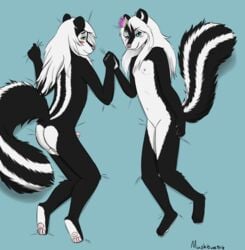 anthro ass balls barely_visible_genitalia blush carrie cassandra cute duo embarrassed erection female hand_holding lying male mammal mimosa_bloom mushbun nude pawpads penis skunk skunklings