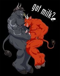 anthro balls big_muscles bovine cattle duo english_text frottage glacierk glans got_milk grin handjob hooves horn humanoid_penis looking_pleasured male mammal masturbation musclegut muscular penile_masturbation penis retracted_foreskin sex side_view text tongue tongue_out uncut vein veiny_penis yaoi