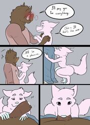 anthro blush boar bulge canine comic duo fellatio fox highres larger_male male mammal okadu oral penis porcine pov precum prostitution sex size_difference smaller_male yaoi