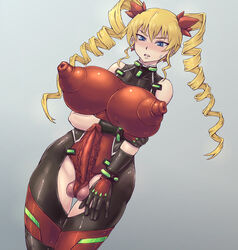 1futa areolae balls bare_shoulders big_breasts big_penis black_gloves blonde_hair blue_eyes blush bodysuit breasts claire_harvey clothed clothing covered_navel covered_nipples decensored drill_hair earrings erect_nipples erection erection_under_clothes futa_only futanari gloves grey_background hair highres huge_breasts human hundred intersex jewelry light-skinned_futanari light_skin long_hair mahou-ya mostly_clothed nipples nipples_visible_through_clothing open_mouth pale_skin parted_lips penis puffy_nipples shiny_clothes shiny_hair solo standing sweat testicles twin_drills twintails uncensored veiny veiny_penis