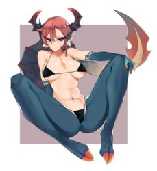 abs areola_slip areolae bikini braid brown_hair dragon_girl highres horns ishii_takamori puffy_nipples spread_legs swimsuit tail tattoo tied_hair