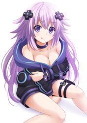 1girls :3 :q adult_neptune bare_shoulders between_legs blush breasts cleavage clenched_hand collar collarbone female hair_ornament hand_between_legs highres holster hood hooded_track_jacket jacket kazenokaze large_breasts licking_lips long_hair long_sleeves looking_at_viewer neptunia_(series) no_bra purple_eyes purple_hair short_hair sitting smile solo thigh_holster thigh_strap thighs tongue tongue_out track_jacket very_long_hair white_background