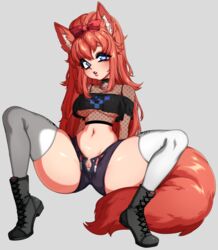 1girls animal_ears blue_eyes boots bow breasts collar crop_top eyeshadow female fishnet_top hairbow heart-shaped_pupils long_hair looking_at_viewer maidfrills makeup medium_breasts navel open_clothes open_shorts orange_hair original pussy short_shorts shorts solo spread_legs symbol-shaped_pupils tail thick_thighs thighhighs underboob unzipped very_long_hair white_legwear wide_hips