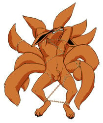 1boy animal_genitalia anthro anthro_only anthrofied balls bondage bound canine chains digitigrade fox fully_sheathed grin hands_behind_head kurama lock-wolf looking_at_viewer lying male male_only mammal multi_tail naruto nude on_back pinup pose reclining sharp_teeth sheath solo tailed_beast teeth