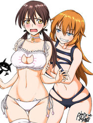 3girls arm arm_grab artist_name bare_arms bare_legs bell bell_collar blue_eyes blush bra breasts brown_hair cat_cutout cat_ear_panties cat_keyhole_bra cat_lingerie charlotte_e_yeager cleavage clenched_teeth collar curvy cute_fang embarrassed gertrud_barkhorn grin hair_ribbon highres koutarou_(plusdrive) large_breasts legs long_hair looking_at_another looking_at_viewer low_twintails midriff miyafuji_yoshika multiple_girls naughty_face navel open_mouth orange_hair panties paw_print revealing_clothes ribbon shy side-tie_panties silhouette_demon smile stockings strike_witches teeth thighhighs tied_hair twintails underwear white_panties wide_hips yellow_eyes yuri