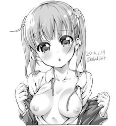 :o blouse blush breasts clothing ekakibito eyebrows eyebrows_visible_through_hair female flower greyscale hair_flower hair_ornament highres monochrome new_game! open_blouse open_clothes solo suzukaze_aoba tied_hair twintails