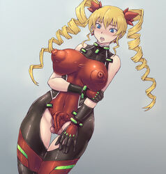 1futa areolae balls bare_shoulders big_breasts big_penis black_gloves blonde_hair blue_eyes blush bodysuit breasts claire_harvey clothed clothing covered_navel covered_nipples drill_hair earrings erect_nipples erection erection_under_clothes futa_only futanari gloves grey_background hair highres human hundred intersex jewelry large_breasts light-skinned_futanari light_skin long_hair mahou-ya mostly_clothed nipples nipples_visible_through_clothing open_mouth pale_skin penis puffy_nipples shiny_clothes shiny_hair solo standing testicles twin_drills uncensored