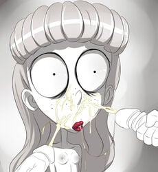 anne_chambers black_and_white breasts cum cum_in_mouth cum_on_face disney female frankenweenie lipstick long_hair monochrome nipples nolegal partial_male penis