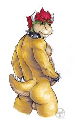 1boy ass backsack balls bowser collar hairy horn koopa looking_at_viewer looking_back male male_only mario_(series) musclegut neverwolf nintendo nipples nude pecs pinup pose rear_view scalie shell-less signature simple_background solo spiked_bracelet spiked_collar standing video_games white_background