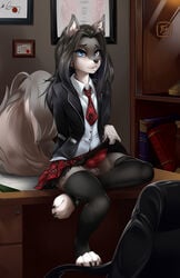 anthro balls black_legwear blue_eyes canine crossdressing dragonfu erection femboy furry girly grey_(greywolf570) hair knot long_hair looking_at_viewer male male_only mammal original penis presenting presenting_penis school_uniform seductive skirt skirt_lift solo thighhighs toeless_legwear trap uniform wolf