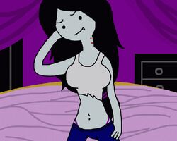 adventure_time animated bed bite_mark black_hair blush bouncing_breasts breasts fang fangs female grey_skin inside large_breasts long_hair marceline monster navel nipples panties pants pasties smile straight_hair striptease tank_top undressing vampire very_long_hair