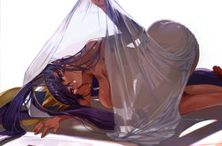 all_fours animal_ears ass bare_shoulders breasts bunny_ears cloak dark-skinned_female dark_skin earrings eyelashes facial_mark fate/grand_order fate_(series) female hair_tubes hairband hanging_breasts highres hoop_earrings jewelry large_breasts light_smile long_hair looking_at_viewer low-tied_long_hair naked_sheet nitocris_(fate/grand_order) nitocris_(swimsuit_assassin) purple_eyes purple_hair see-through see-through_silhouette sidelocks simple_background smile solo ssamjang_(misosan) thighs top-down_bottom-up very_long_hair white_background