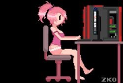 1girls animated breasts computer crystal_(lewd-zko) cum female female_only hypnotic masturbation mind_control no_bra office_chair pink_hair pixel_art ponytail pussy shirt_lift side_view solo tech_control tied_hair zko