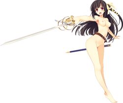 absurdres black_hair breasts female full-length_portrait full_body full_length highres koikishi_purely_kiss long_hair nude pointy_chin portrait red_eyes shidou_mana simple_background solo standing sword weapon white_background yuuki_hagure