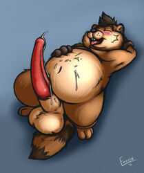 1boy after_masturbation animal_genitalia anthro balls blush buckteeth closed_eyes clothing dripping emenius erection gloves long_penis lying male male_only mammal mostly_nude navel on_back open_mouth overweight penis popori precum rodent sheath solo teeth tera_online tongue tongue_out video_games