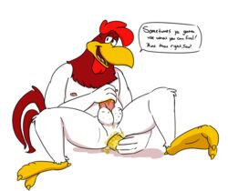 1boy anal anthro anus avian balls bird butter chicken corn dialogue foghorn_leghorn front_view improvised_dildo improvised_sex_toy looney_tunes lube male male_anal male_only masturbation nipples nude one_leg_up open_mouth penis perineum sitting skoogers soft_feathers solo speech_bubble spread_legs spreading talking_to_viewer warner_brothers