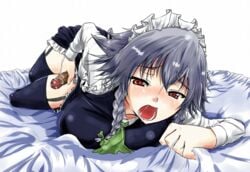 1futa blush breasts dickgirl futa_only futanari hair intersex masturbation open_mouth penis sakuya_izayoi sheet_grab shiny_hair shiny_skin solo tongue touhou tsubuki_(ron-bb69) uncensored