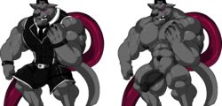 1boy 2016 abs anthro balls biceps big_muscles big_nipples big_penis bulge canine clothing cursedmarked drooling fist fur glowing glowing_eyes humanoid_penis male male_only mammal muscular muscular_male nipples nude open_mouth pecs penis saliva solo standing teeth tentacle video_games waffle_(character) wristband