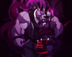 2016 abs anthro arm_grab balls behemoth biceps big_balls big_muscles bondage bound canine clothing cursedmarked dark demon duo fumdux fur glowing hair horn hyper looking_at_viewer male mammal monster muscular muscular_male nipples open_mouth original pecs smile teeth tentacle tongue tongue_out video_games waffle_(character) yaoi