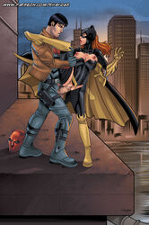 1boy 1girls barbara_gordon batgirl batman_(series) belt black_hair breasts brown_hair cape cowl dc dc_comics female gloves hair headgear helmet holster jacket jason_todd large_breasts legs long_hair male mask nipples orange_hair pants penetration penis pussy red_hood_(dc) redhead rhaydar sex shoes short_hair straight vaginal_penetration