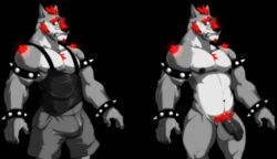 1boy 2016 anthro balls beard biceps big_muscles bulge canine clothed clothing cursedmarked dynewulf eyewear facial_hair flaccid fur glasses glowing hair humanoid_penis male male_only mammal muscular muscular_male nipples nude pants pecs penis red_fur scared shirt solo spiked_bracelet sweat teeth video_games