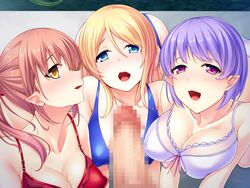 3girls all_fours bare_arms bare_shoulders blonde_hair blue_bra blue_eyes blue_panties bra breasts brown_hair censored character_request cleavage eyebrows eyebrows_visible_through_hair game_cg highres large_breasts long_hair looking_at_viewer mashouki_tiruana_haramase_saimin mosaic_censoring multiple_girls open_mouth panties parted_lips penis ponytail pov purple_eyes purple_hair red_bra saxasa short_hair sweat tied_hair underwear yellow_eyes