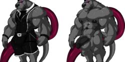 1boy 2016 abs anthro balls biceps big_muscles big_nipples big_penis bulge canine clothing cursedmarked fur glowing glowing_eyes humanoid_penis male male_only mammal muscular muscular_male nipples nude pecs penis solo standing tentacle video_games waffle_(character) wristband