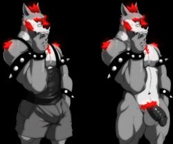 1boy 2016 anthro balls beard biceps big_muscles bulge canine clothed clothing cursedmarked dynewulf eyewear facial_hair flaccid fur glasses glowing hair humanoid_penis male male_only mammal muscular muscular_male nipples nude pants pecs penis red_fur shirt solo spiked_bracelet video_games