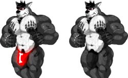 1boy 2016 abs anthro balls beard biceps big_muscles big_nipples big_penis bulge butch_(cursedmarked) canine clothing cursedmarked facial_hair fur hair humanoid_penis male male_only mammal muscular muscular_male nipples nude pecs penis red_eyes solo surprised tattoo teeth thong underwear video_games white_fur