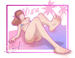 1futa balls barefoot bikini brown_hair d.va dazol feet flaccid futa_only futanari intersex looking_at_viewer overwatch penis soles solo testicles toenail_polish toes whisker_markings