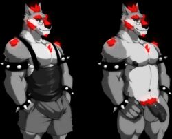 1boy 2016 anthro balls beard biceps big_muscles bulge canine clothed clothing cursedmarked dynewulf eyewear facial_hair flaccid fur glasses glowing hair humanoid_penis male male_only mammal muscular muscular_male nipples nude pants pecs penis red_fur shirt smile solo spiked_bracelet video_games