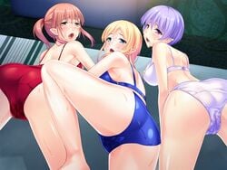 3girls ass backboob bare_arms bare_legs bare_shoulders blonde_hair blue_bra blue_eyes blue_panties blush bra breasts brown_hair cameltoe character_request cum facial from_behind game_cg highres large_breasts legs long_hair looking_back mashouki_tiruana_haramase_saimin multiple_girls open_mouth panties pink_eyes ponytail purple_hair pussy_juice red_bra red_panties saxasa short_hair take_your_pick thighs tied_hair underwear wet yellow_eyes