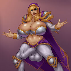 1futa alternate_version_available balls bimbo blonde_hair blue_eyes blue_eyeshadow breasts bulge cape cleavage eyeshadow full-package_futa futa_only futanari hair heroes_of_the_storm hood hourglass_figure huge_balls huge_breasts huge_cock human hyper hyper_balls hyper_breasts hyper_penis hyper_testicles intersex jaina_proudmoore licking_lips lipstick makeup pauldrons penis penis_under_clothes rampage0118 skin_tight solo standing testicles world_of_warcraft
