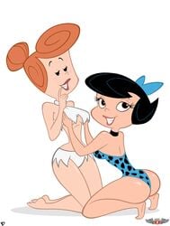 2girls ass betty_rubble black_eyes black_hair bow breast_grab breasts brown_eyes clothed duo feet female grope hanna-barbera lipstick looking_at_viewer looking_back multiple_females orange_hair phillipthe2 redhead roger_bacon sideboob smile the_flintstones underboob white_background wilma_flintstone