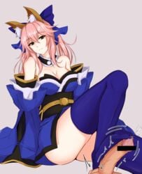 animal_ears bar_censor bare_shoulders blue_legwear breasts brown_eyes censored cleavage detached_sleeves fate/extra fate_(series) female footjob fox_ears grey_background highres long_hair penis pink_hair piro_(iiiiiiiiii) simple_background sitting solo_focus tamamo_no_mae_(fate) thighhighs