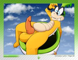 1boy 2016 4_fingers absurd_res anthro balls blue_background border canvaskat cloud english_text erection eyewear glasses hi_res iggy_koopa knot koopa koopa_clown_car koopaling looking_at_penis looking_at_self lying male male_only mario_(series) nintendo on_back orange_scales outdoors penis scales scalie simple_background sky solo spiked_bracelet text video_games