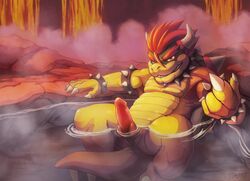 1boy anus bathing bowser collar erection fangs grin hair haychel male male_only mario_(series) nintendo nude penis red_hair red_penis solo spiked_collar spikes teeth video_games