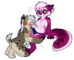 anthro blush body_piercing breasts dildo duo ear_piercing erection facial_piercing feline female femdom green_eyes hair heart hi_res hyena male mammal melvismd nipple_piercing nipples oral penis piercing saliva sex_toy sitting straight strap-on tongue tongue_out white_hair