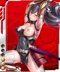 armor black_hair breasts card_(medium) cleavage erect_nipples female large_breasts lilith-soft long_hair looking_at_viewer nipples nobushito_kuro ponytail red_eyes shiny_skin sweat sword taimanin_(series) taimanin_asagi taimanin_asagi_battle_arena taimanin_asagi_battle_arena_all_card_gallery weapon yamato_eri