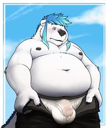 1boy 2016 anthro balls bear belly bulge clothing fat fur kronexfire male male_only mammal overweight penis solo underwear white_underwear