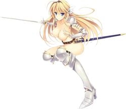 absurdres armor armored_boots blonde_hair boots breasts elcia_harvence female highres koikishi_purely_kiss large_breasts long_hair long_sword no_bra no_panties smile solo sword weapon yuuki_hagure