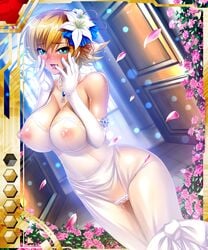 areolae bare_shoulders blue_eyes blush breasts bride cleavage erect_nipples female hair_ornament igawa_sakura kagami_hirotaka large_breasts lilith-soft looking_at_viewer nipples orange_hair pussy_juice see-through short_hair smile solo standing taimanin_asagi taimanin_asagi_battle_arena taimanin_asagi_battle_arena_all_card_gallery tears tongue tongue_out wedding_dress