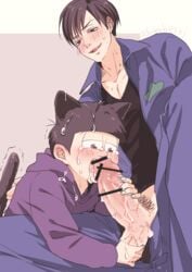 animal_ears blush brothers cum drooling erection facial family fellatio grin incest matsuno_ichimatsu matsuno_karamatsu oral osomatsu-kun osomatsu-san penis saliva siblings size_difference smile sweat testicle_grab undressing yaoi