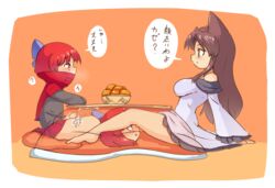 animal_ears basket blush bow breasts brown_hair cape covered_mouth cum dullahan female_pervert food futanari hair_ornament intersex kagerou_imaizumi kotatsu large_breasts masturbation miniskirt pervert pozesuke red_eyes red_hair sekibanki skirt speech_bubble spread_legs stealth_masturbation table text touhou translated under_the_table voyeurism wolf_ears