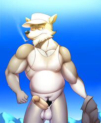 1boy abs anthro biceps canine cigarette clothed clothing cousin_dave elfein hat headgear heyitscousindave hoodie male male_only mammal muscular muscular_male nipples outside pecs penis slightly_chubby smoking solo standing sweat topless wolf