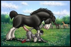 2015 all_fours anatomically_correct anatomically_correct_penis animal_genitalia animal_penis anthro anthro_on_feral ass_up balls black_border black_fur black_hair blue_eyes border brown_eyes brushfire claws cloud day detailed_background draft_horse duo equine equine_penis erection feathering feline fence feral flower fur gay grey_fur grin hair hooves horse horsecock imminent_sex larger_male male male_on_feral male_only mammal mane medial_ring multicolored_fur outside pawpads penis plant quadruped shire signature size_difference sky smaller_male teeth two_tone_fur underwear_around_one_leg vein veiny_penis voyeur white_fur yaoi zoophilia