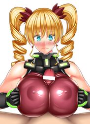 blonde_hair breast_squeeze breasts censor_bar censored claire_harvey female huge_breasts hundred paizuri penis tied_hair twintails